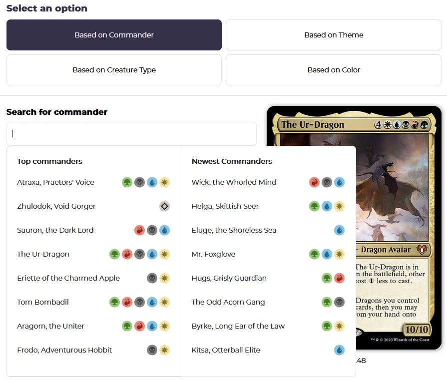 Looking for a new way to create commander decks? Try Deck Generator!